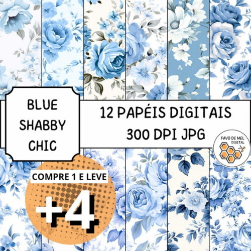 Papel Digital Shabby Chic Azul Floral - Blue