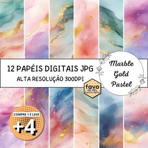 Papel Digital Textura Mármore Dourado Pastel | Marble Gold