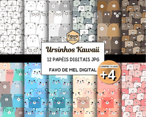 Papel Digital Ursinhos Kawaii Fundo Jpg Estampa de Ursinho