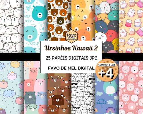 Papel Digital Ursinhos Kawaii 2 Fundo Jpg Estampa de Ursinho