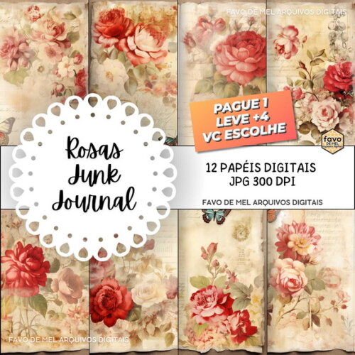 Papel Digital Vintage #124 Rosas Vermelhas Junk Journal Jpg
