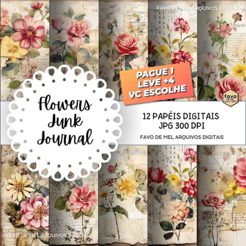 Papel Digital Vintage #125 Floral Junk Journal para Imprimir
