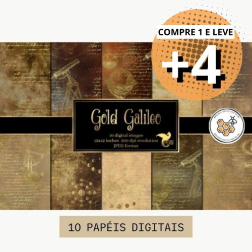 Papel Digital Vintage 10 Gold Galileo Manuscrito Dourado