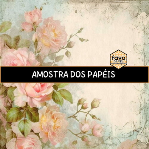Papel Digital Vintage 101 - Rosas e Moldura Azul