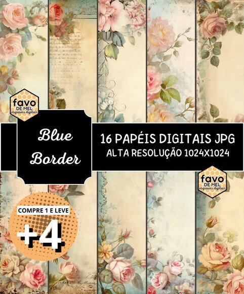 Papel Digital Vintage 101 - Rosas e Moldura Azul