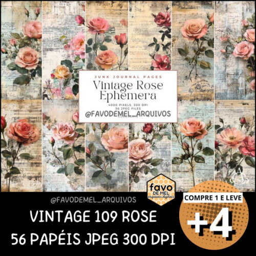 Papel Digital Vintage 109 - Rosas Junk Journal Scrapbook