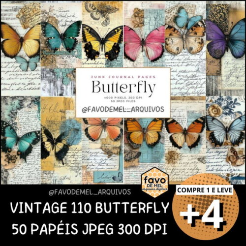 Papel Digital Vintage 110 - Borboleta Junk Journal Scrapbook