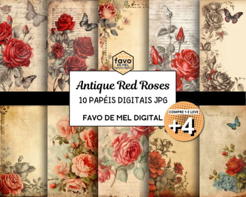 Papel Digital Vintage 111 - Rosas Vermelhas Antique Red
