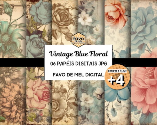 Papel Digital Vintage 113 Floral Azul Aquarela - Blue