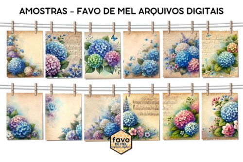 Papel Digital Vintage 116 Hortênsias Aquarela Png