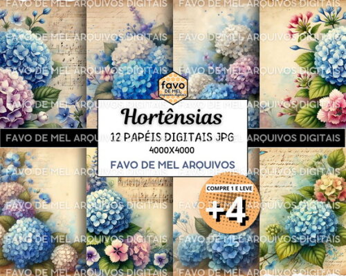 Papel Digital Vintage 116 Hortênsias Aquarela Png
