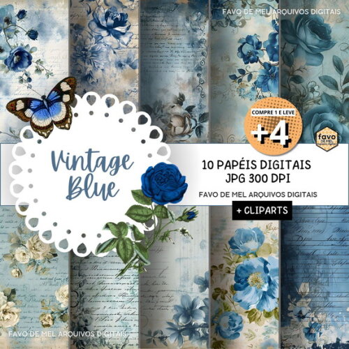 Papel Digital Vintage 117 Vintage Blue Floral Azul Jpg