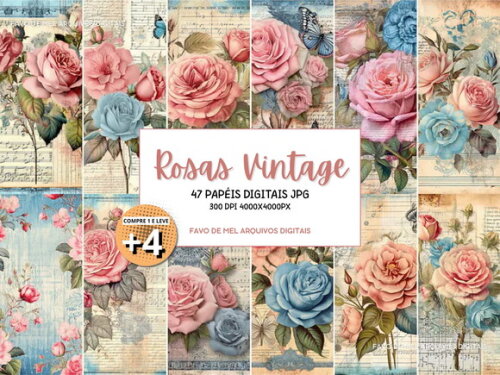 Papel Digital Vintage 118 Rosas Azul e Rosa Junk Journal Jpg