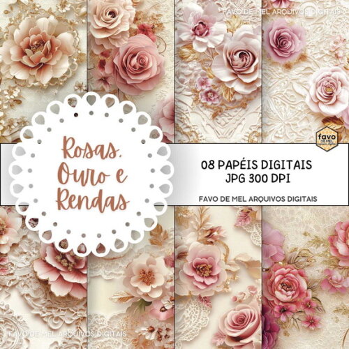 Papel Digital Vintage 122 - Rosas Ouro e Rendas Jpg