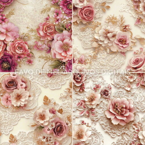 Papel Digital Vintage 122 - Rosas Ouro e Rendas Jpg