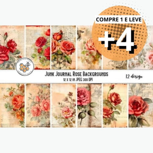 Papel Digital Vintage 12 Junk Journal Rosas Vermelhas