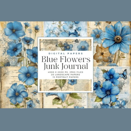 Papel Digital Vintage 31 - Floral Azul Junk Journal