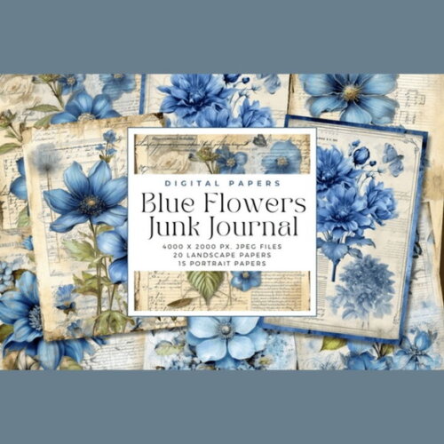 Papel Digital Vintage 31 - Floral Azul Junk Journal