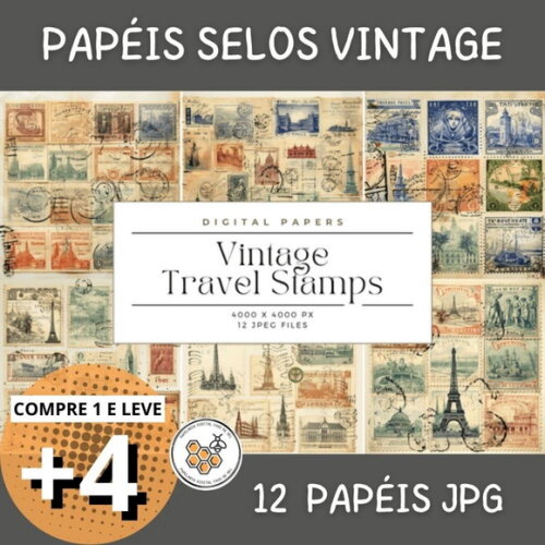 Papel Digital Vintage 44 Estampa de Selos - Vintage Stamps