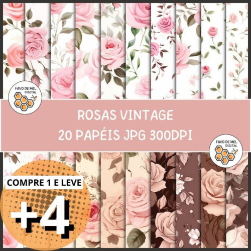 Papel Digital Vintage 45 Rosas Vintage Aquarela
