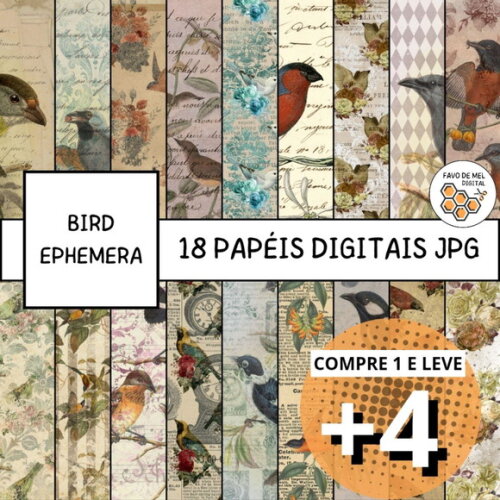 Papel Digital Vintage 61 - Pássaros - Bird Ephemera Dc