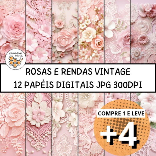 Papel Digital Vintage 62 - Rosas e Rendas - Victorian Blush