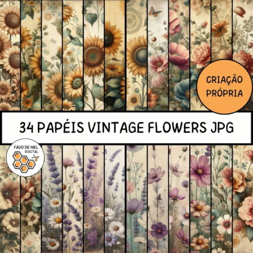 Papel Digital Vintage 71 - Flores do Campo Lavanda Girassol