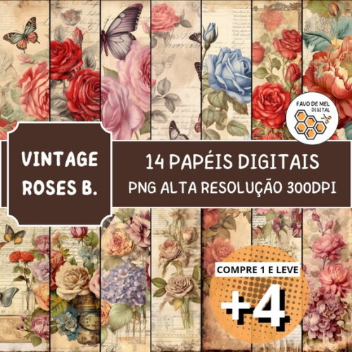 Papel Digital Vintage 74 Rosas e Borboletas - Vintage Roses