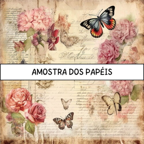 Papel Digital Vintage 74 Rosas e Borboletas - Vintage Roses