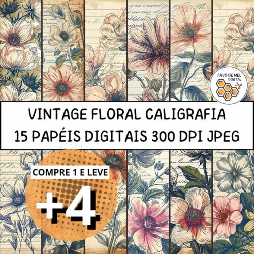 Papel Digital Vintage 82 - Floral Caligrafia