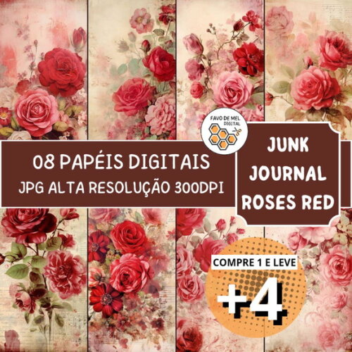 Papel Digital Vintage 89 - Roses Junk Journal Red