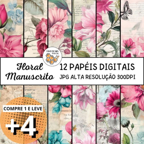 Papel Digital Vintage 93 - Floral Manuscrito