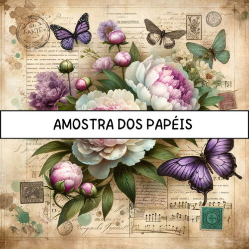 Papel Digital Vintage 94 - Vintage Peônias e Borboletas