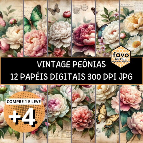 Papel Digital Vintage 94 - Vintage Peônias e Borboletas