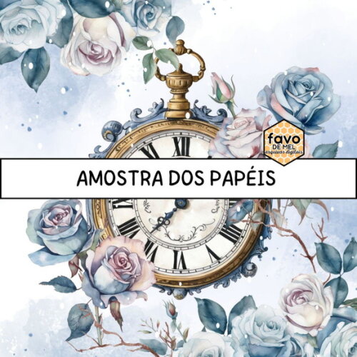 Papel Digital Vintage 96 - Dusty Blue Rosas Azuis Relógio