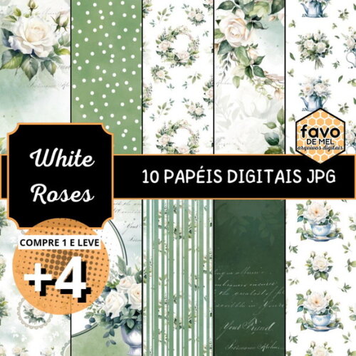 Papel Digital Vintage 97 - Scrapbook Floral Rosas Brancas
