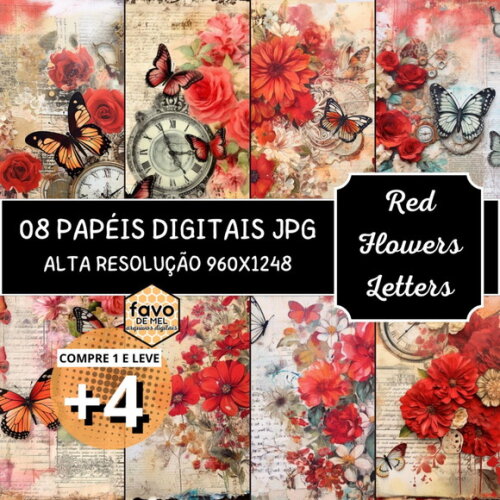 Papel Digital Vintage 99 - Red Flowers Letters