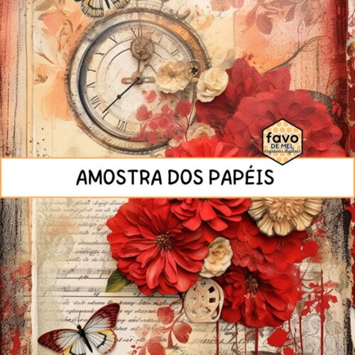 Papel Digital Vintage 99 - Red Flowers Letters