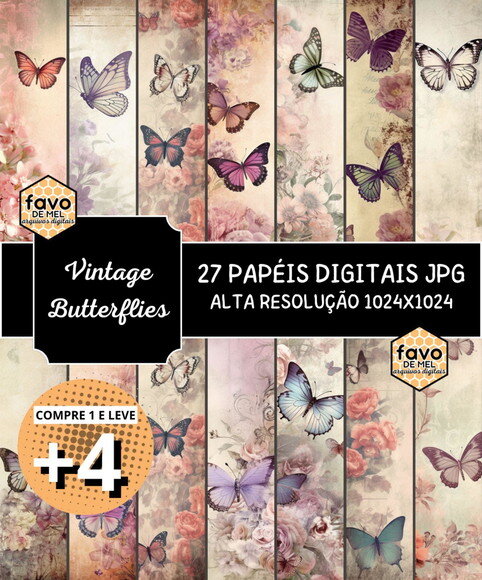 Papel Digital Vintage Borboletas 100 - Butterflies