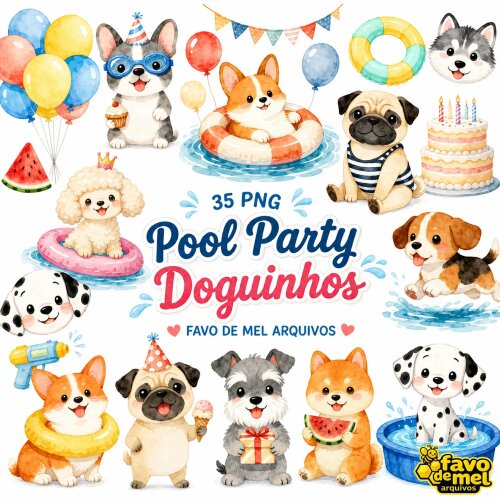 KIT DIGITAL POOL PARTY CACHORRINHOS AQUARELA PNG