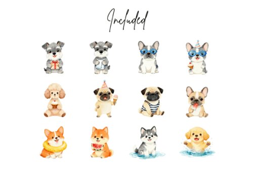 KIT DIGITAL POOL PARTY CACHORRINHOS AQUARELA PNG