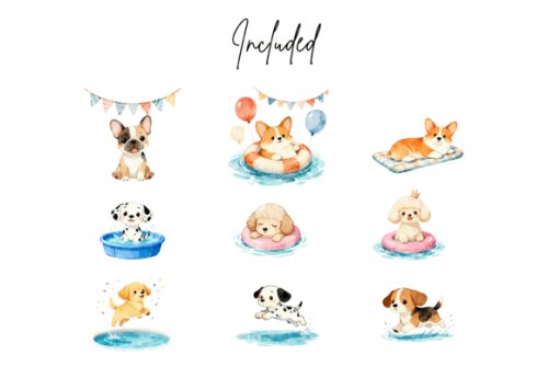 KIT DIGITAL POOL PARTY CACHORRINHOS AQUARELA PNG