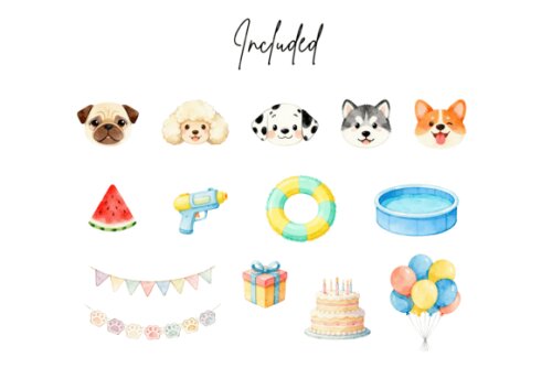 KIT DIGITAL POOL PARTY CACHORRINHOS AQUARELA PNG