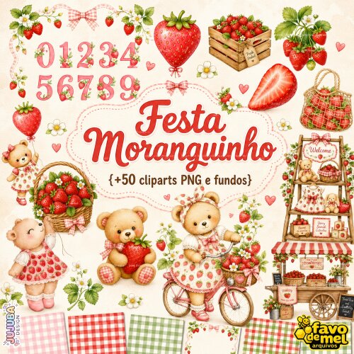 KIT DIGITAL MORANGUINHO AQUARELA URSINHO COM PAPÉIS