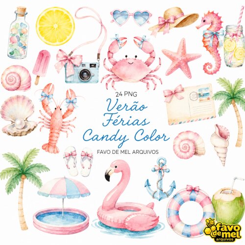 KIT DIGITAL VERÃO FÉRIAS PRAIA CANDY COLOR AQUARELA