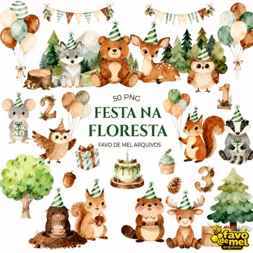 KIT DIGITAL BOSQUE ANIVERSÁRIO AQUARELA - FESTA NA FLORESTA PNG