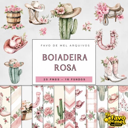 KIT DIGITAL BOIADEIRA ROSA AQUARELA COM PAPÉIS #54