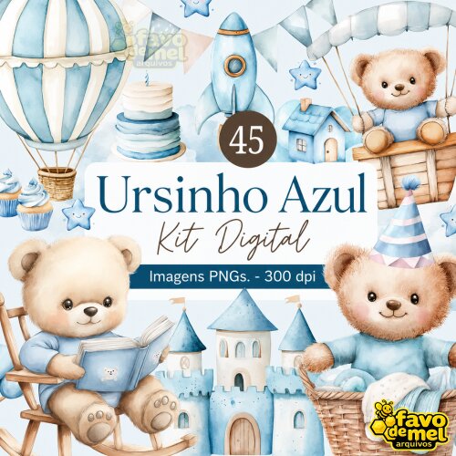 Kit Digital Ursinho Azul Aquarela #27