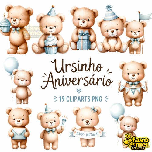 KIT DIGITAL URSINHO ANIVERSÁRIO AZUL AQUARELA PNG