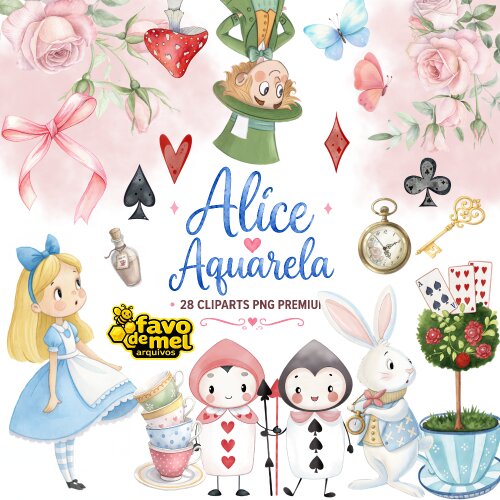 KIT DIGITAL ALICE NO PAÍS DAS MARAVILHAS AQUARELA PNG